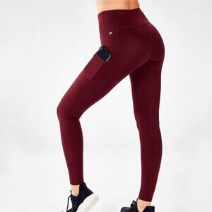Fabletics Cold Weather High Waisted Legging Sz 2XS Burgundy Red Pocket Yoga Gym